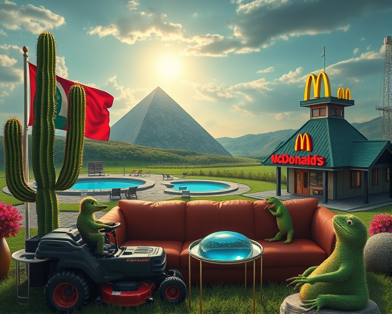 flag, kiwi, cactus, lawn mower, couch, crayon, mcdonalds, pyramid, pool, tower, crystal ball, cabin, lizard, noodle